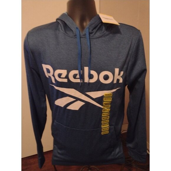 NWT New Reebok Pullover Hoodie Men's Size Medium M Blue Drawstring Polyester L/S